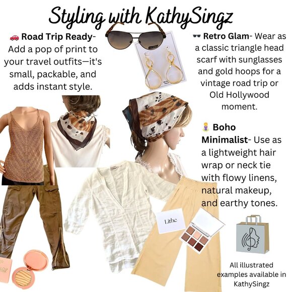 Ellen Tracy Animal Print Sheer Scarf Brown White Safari Chic Bandana 20inx20in - Picture 5 of 11